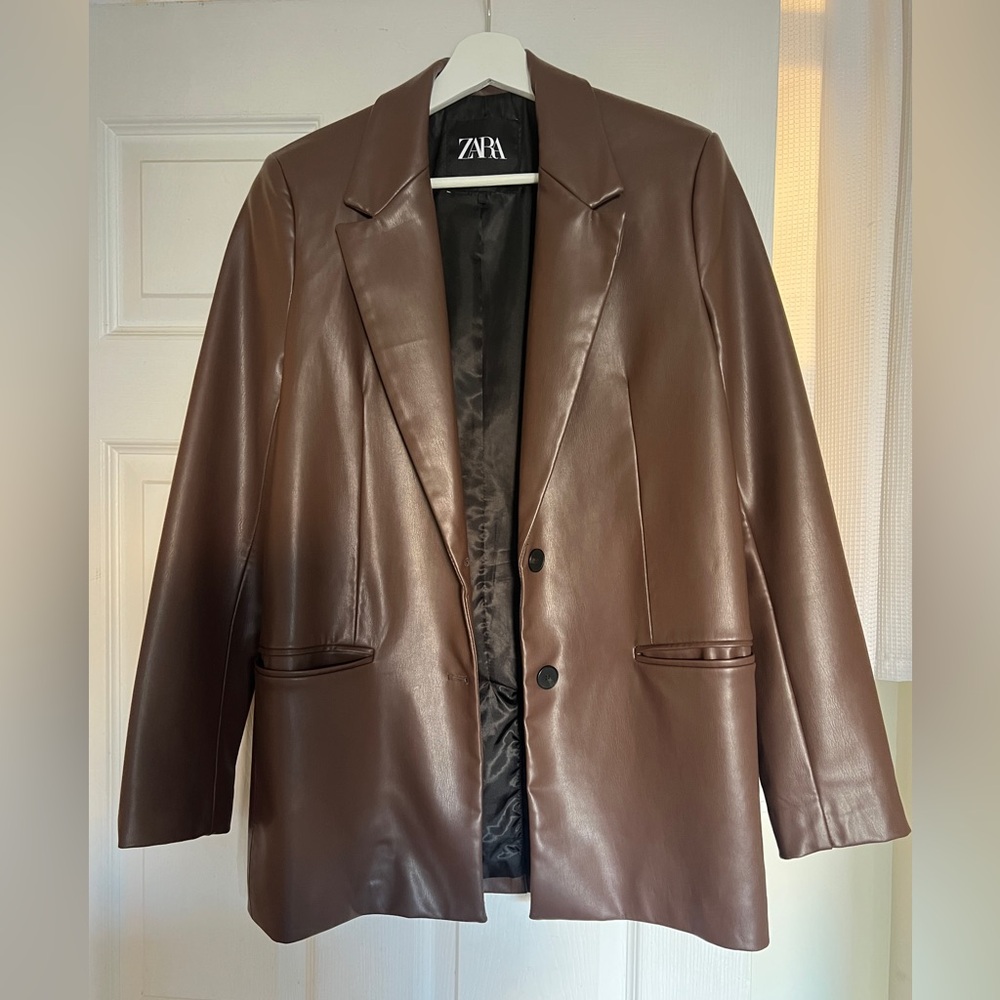 Zara Women's Chocolate Faux Leather Blazer